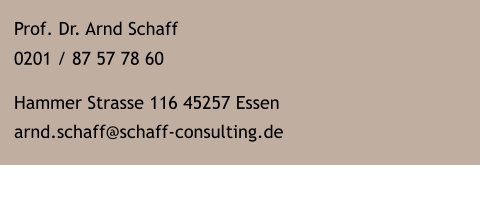 Prof. Dr. Arnd Schaff 0201 / 87 57 78 60 Hammer Strasse 116 45257 Essen  arnd.schaff@schaff-consulting.de